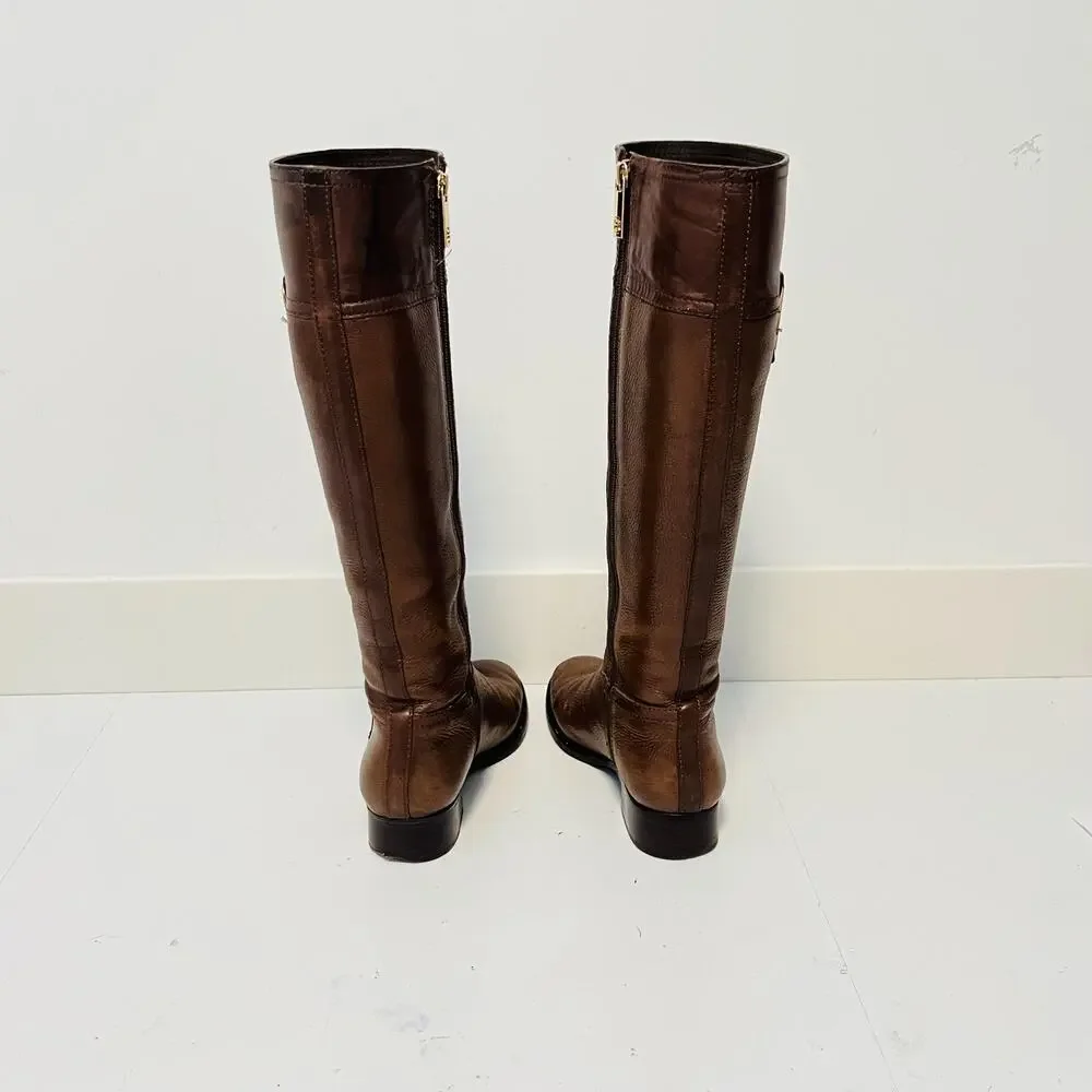 Tory Burch Boots Womens 7 Brown Leather Knee High Riding Logo Buckle Zip Shoes